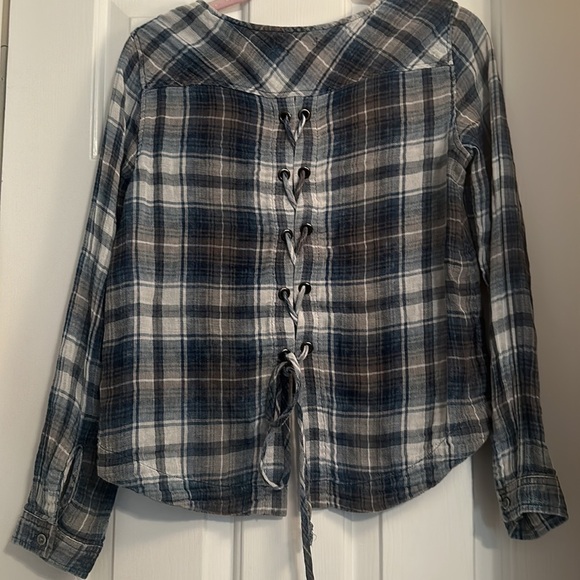 Anthropologie taupe and blue tie back plaid long sleeve blouse XS cloth & stone - Picture 3 of 4